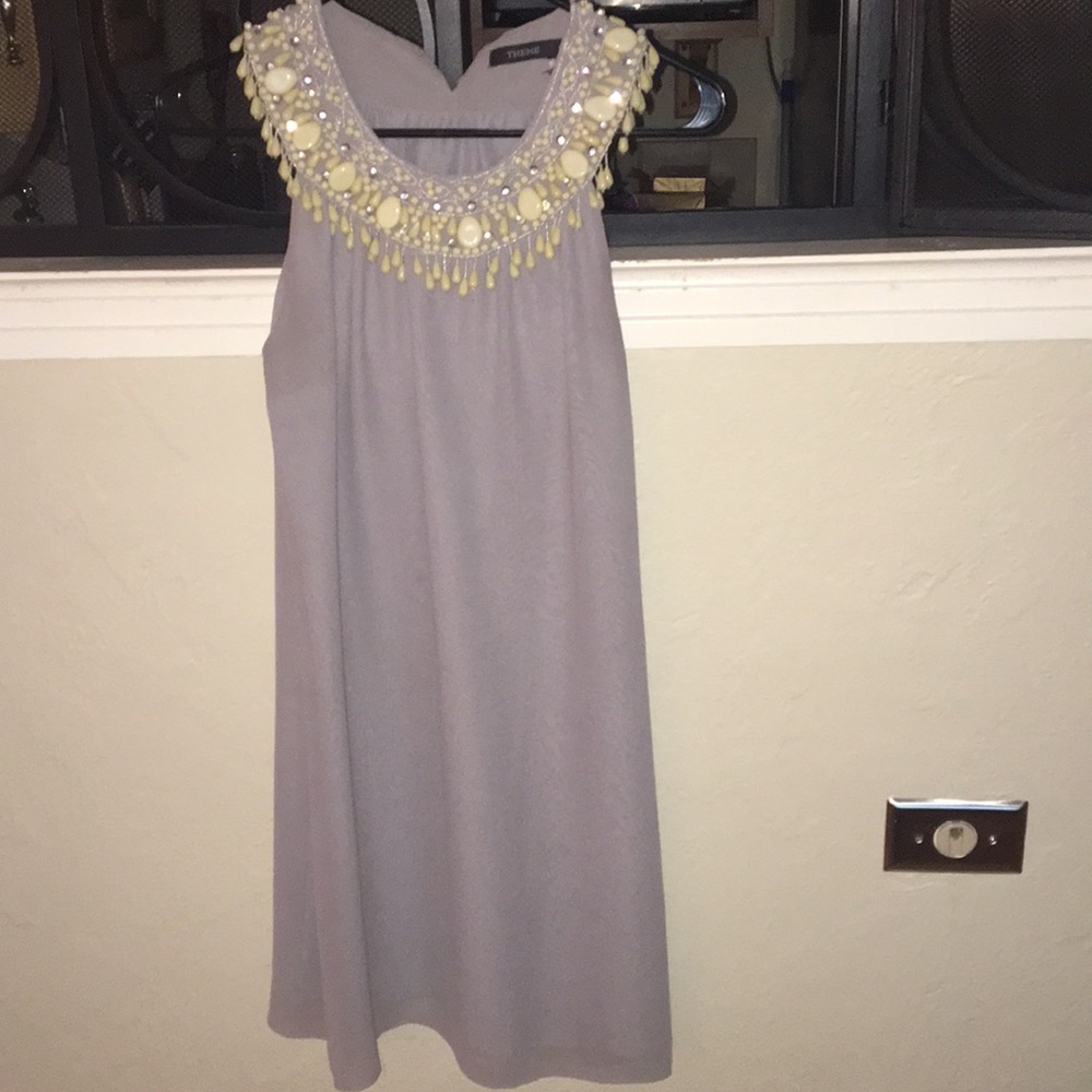 Gray, beaded dress.